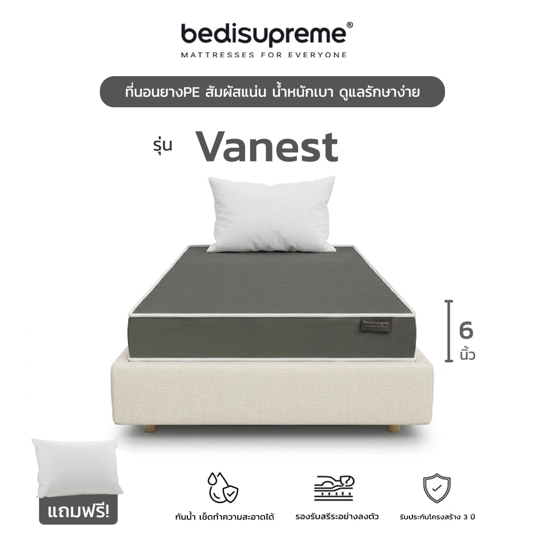 ที่นอนยางPE 3 ฟุต BEDIUPREME หุ้มหนังPVC สีเทา รุ่น VANEST หนา 6 นิ้ว_0